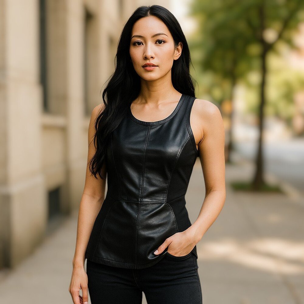 Zara W&B Collection Black Sleeveless Faux Leather Tank Top Blouse Size Small